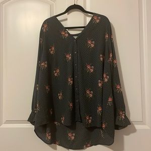 Loft Plus 26 Pindot & Floral Blouse w/ Ruffle Cuffs